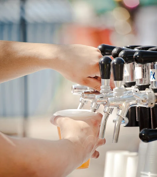 bira için plastik bardak bira musluktan dökme.