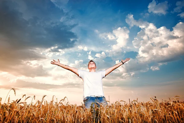 Heureux homme debout les bras ouverts sur un champ de blé Photo De Stock