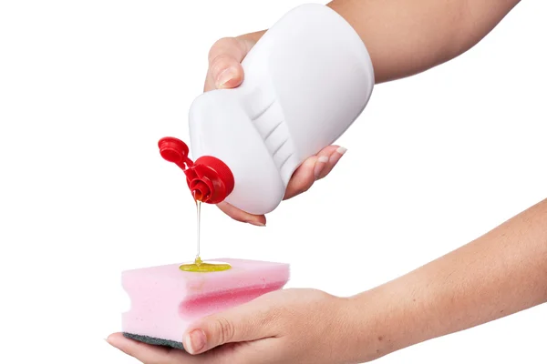 Ręka z detergentów butelki z tworzyw sztucznych na białym tle na biały backgrou — Zdjęcie stockowe