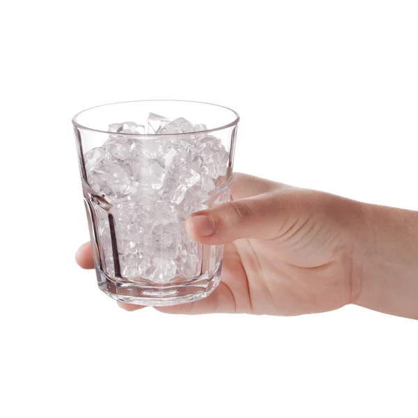 Foto de vidro vazio com cubos de gelo no fundo branco — Fotografia de Stock