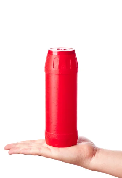 Rode fles met schoonmaken geïsoleerd op wit poeder — Stockfoto