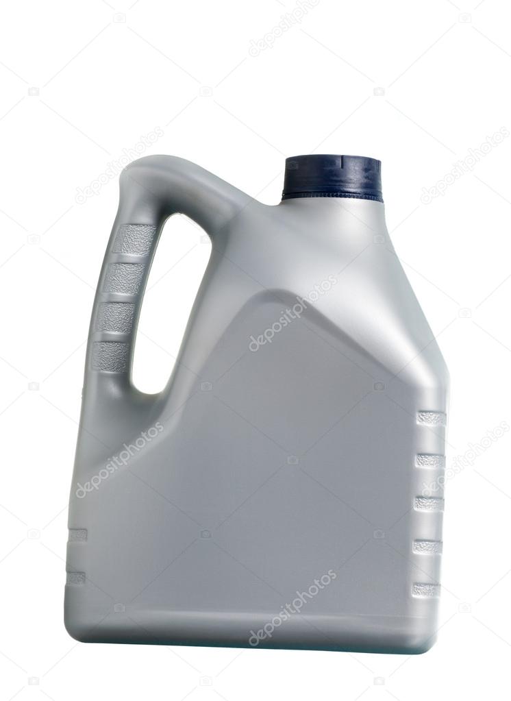 grey canister with machine oil on white background