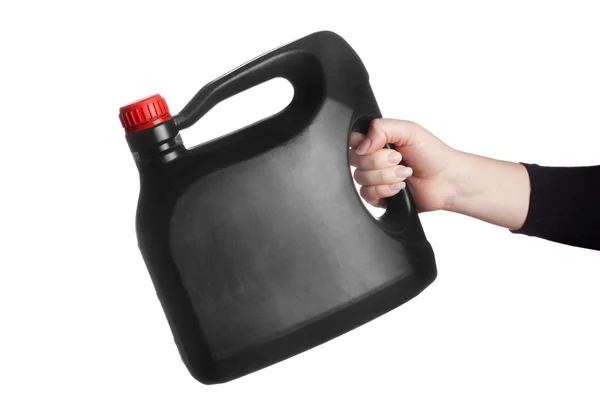 Black canister with machine oil on white background — Stock Photo, Image