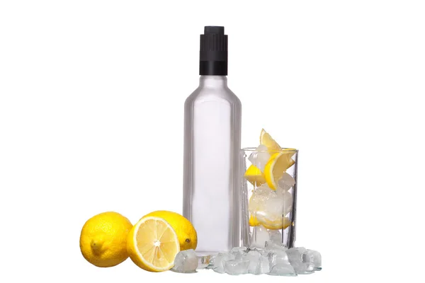 Bottle of vodka and wine glass with lemon and ice isolated on wh — Stock Photo, Image