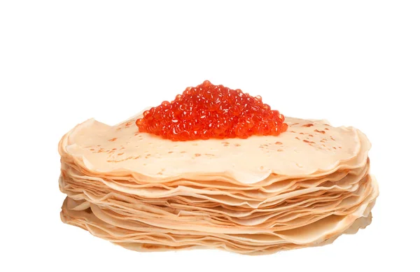 Geröstete Pfannkuchen mit Kaviar auf weißem Hintergrund — Stockfoto