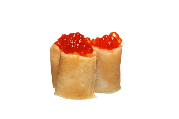 Panquecas assadas com caviar no fundo branco — Fotografia de Stock