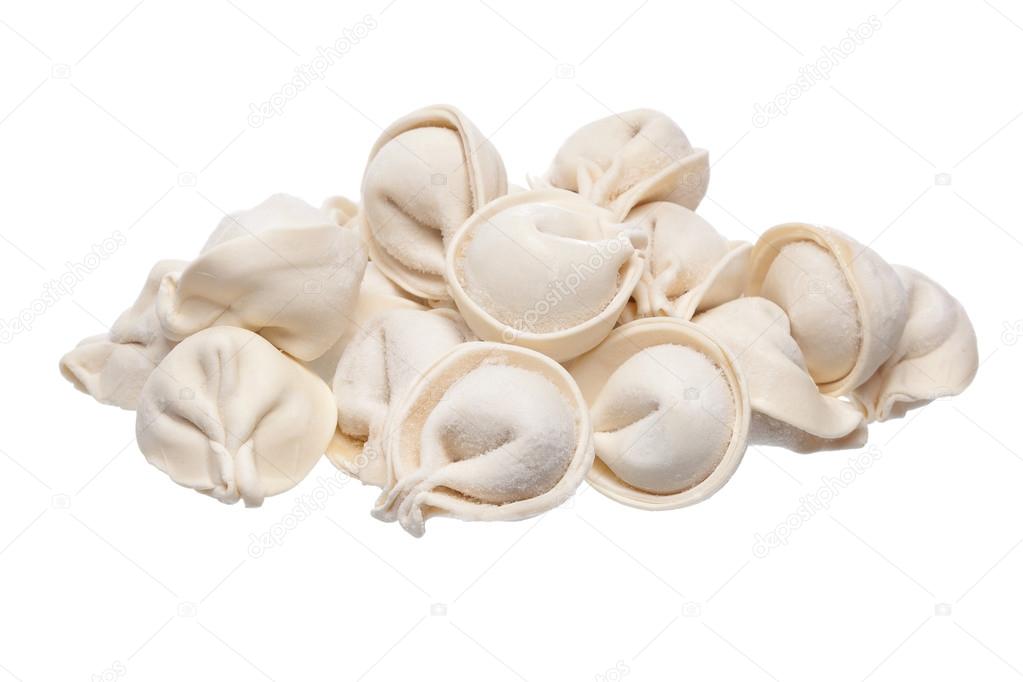 bunch of fresh frozen dumplings ready for cooking, isolated on w
