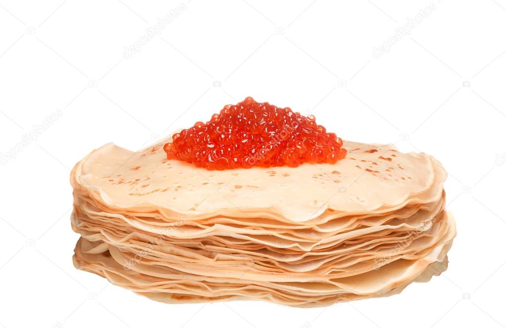 roasted pancakes with caviar on the white background