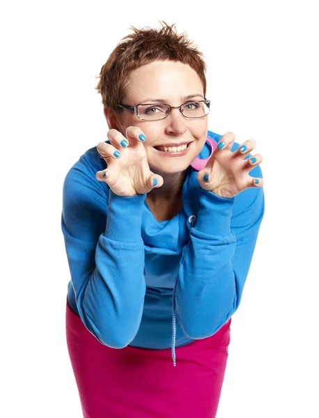 Young woman makes funny face (isolated on white) — Stock Photo, Image