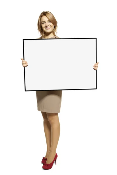 Attractive Woman Holding Up a Blank Sign — Stock Photo, Image