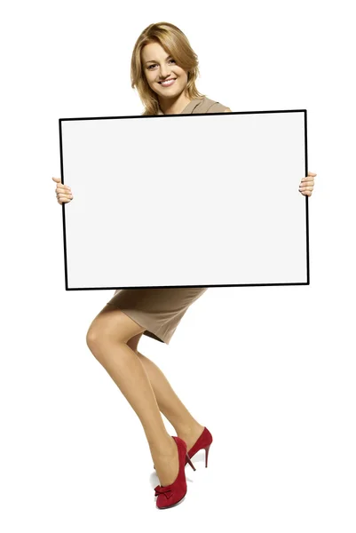 Attractive Woman Holding Up a Blank Sign — Stock Photo, Image