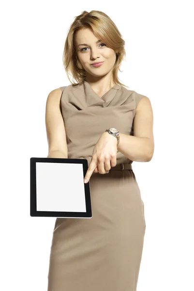 Fiatal nő mutatja valami tabletta — Stock Fotó