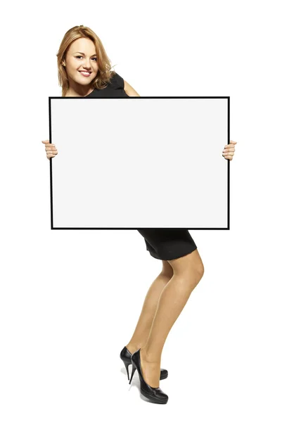 Приваблива жінка тримає плакат ізольовані — стокове фото