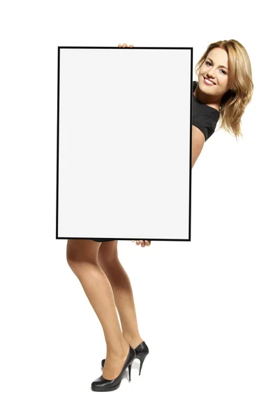 आकर्षक महिला एक पोस्टर पकड़े हुए अलग — स्टॉक फ़ोटो, इमेज