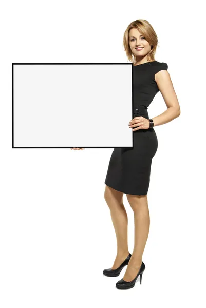 Приваблива жінка тримає плакат ізольовані — стокове фото