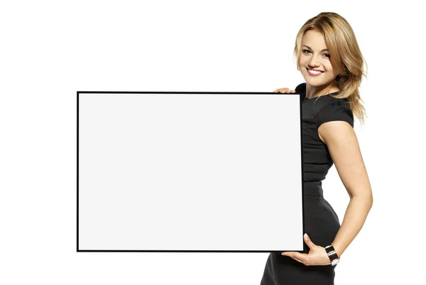 Attractive Woman Holding Up a Poster - Isolated — Stock Photo, Image