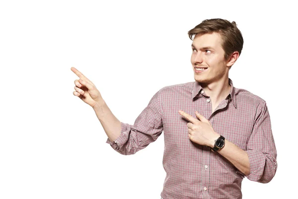 Young man is showing something — Stock Photo, Image