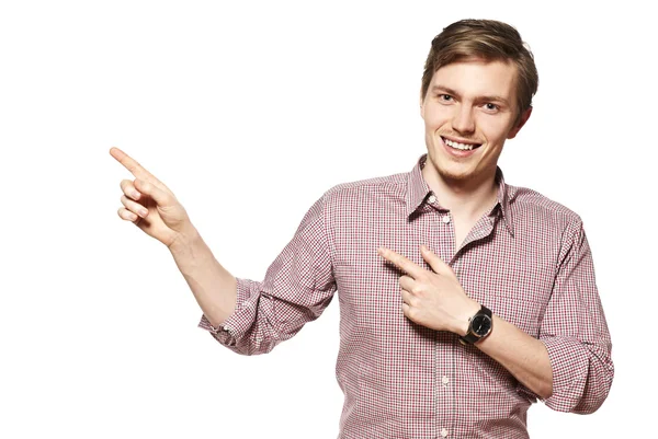 Young man is showing something — Stock Photo, Image