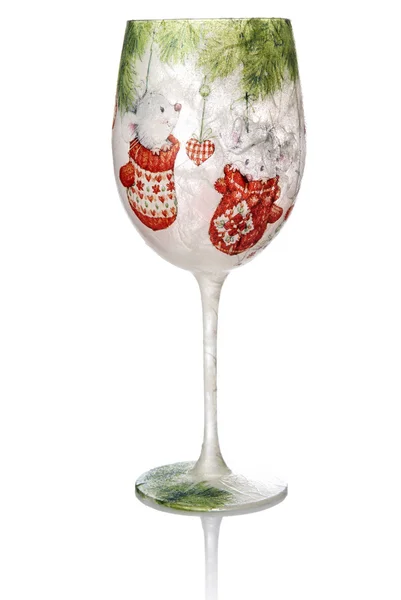 Christmas Decoupage On The Wine Glass — Stock Photo, Image