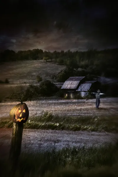 Escena nocturna espeluznante con calabaza de Halloween en la cerca — Foto de Stock