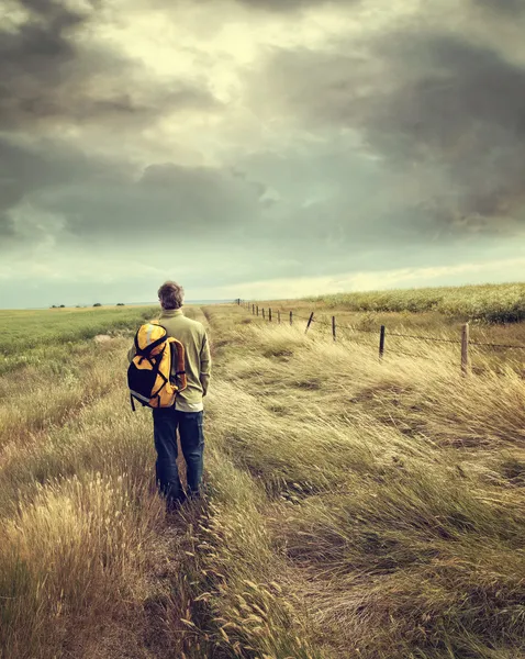 Homem caminhando pela estrada rural — Fotografia de Stock