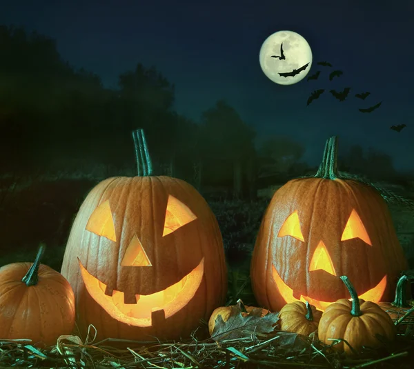 Nattbild med Halloweenpumpor och moom — Stockfoto
