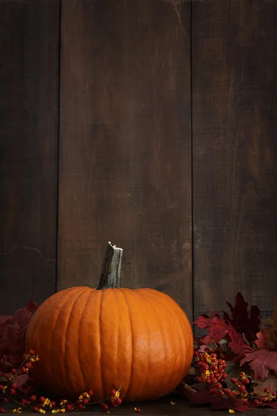 Grande citrouille avec des feuilles sur fond de bois — Photo