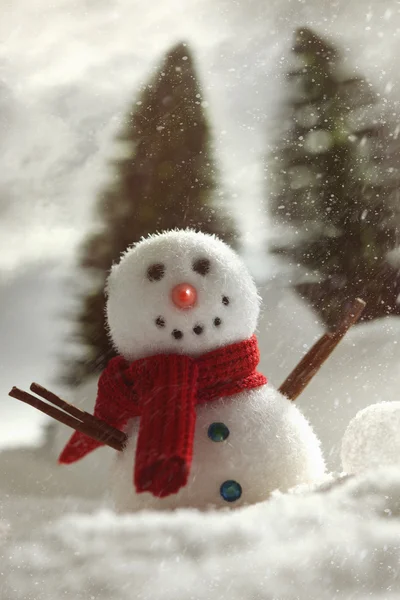 Kleine sneeuwpop met winterse sneeuw achtergrond — Stockfoto