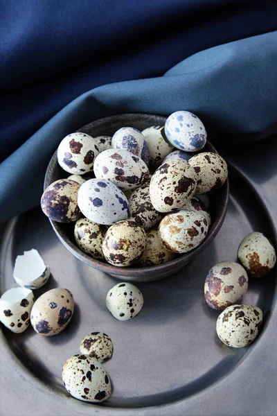 Quail Eggs Plates Towels Wood Table Stock Image