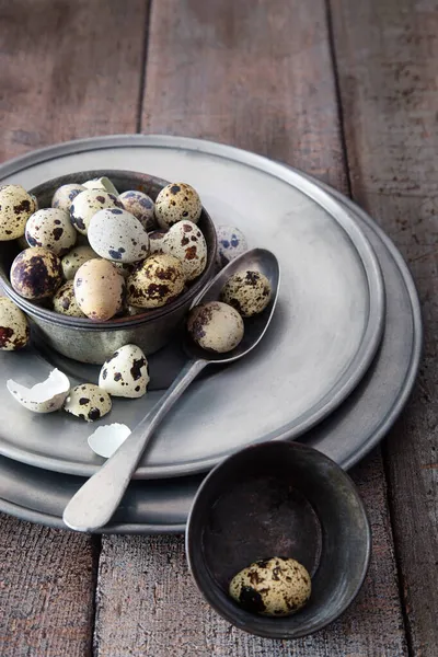 Quail Eggs Tin Bowl Wood Table Royalty Free Stock Photos