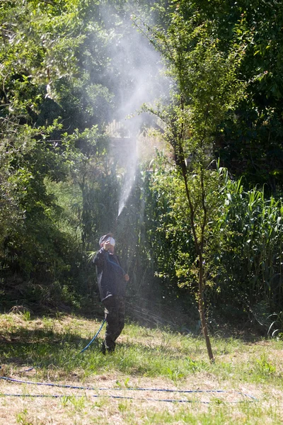 Ouvrier fertilisant jardin — Photo