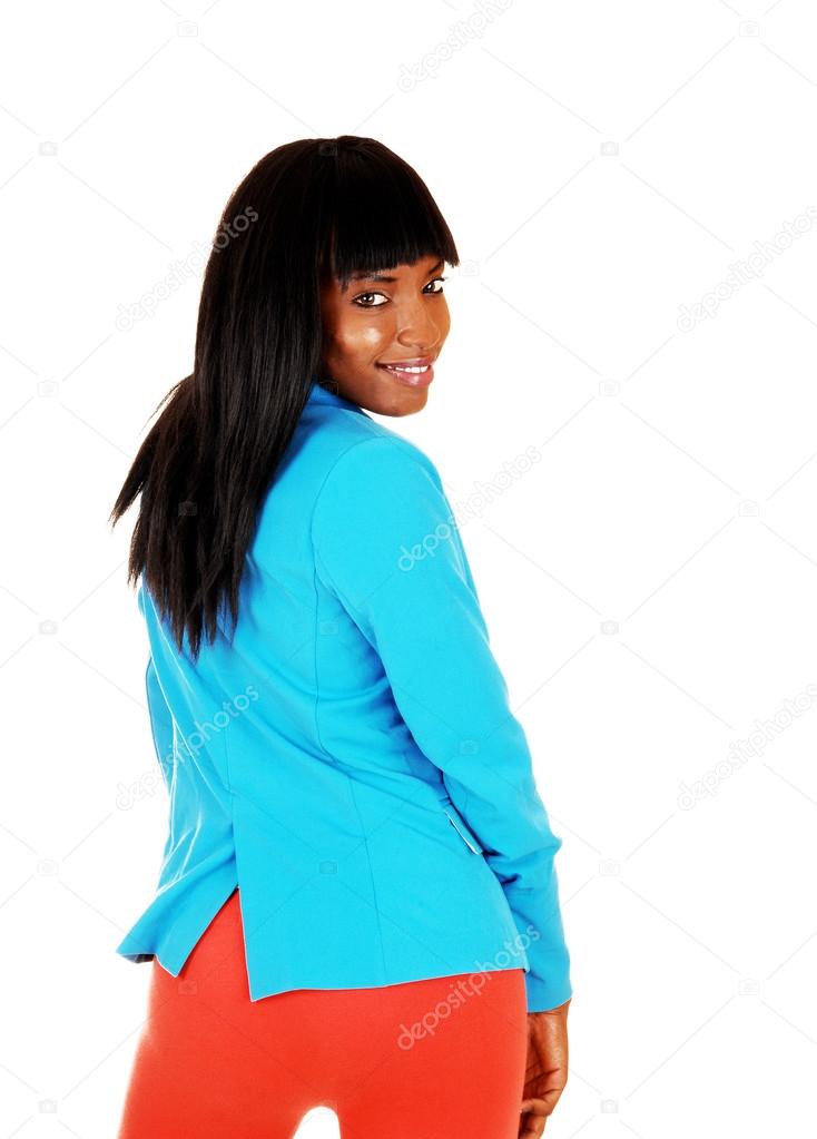 Black girl in blue jacket.