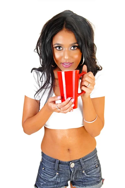 Chica con taza roja . — Foto de Stock