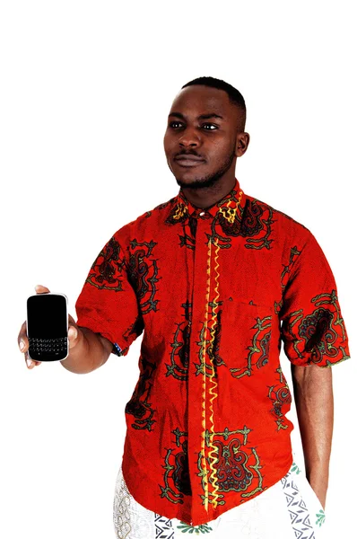 Чорний чоловік з мобільним телефоном . — стокове фото