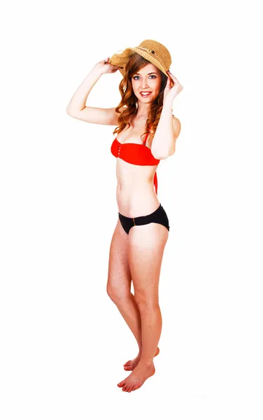 Bikini girl with straw hat. — Stock Photo, Image