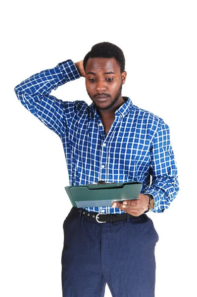 Zwarte man having werkstuk. — Stockfoto