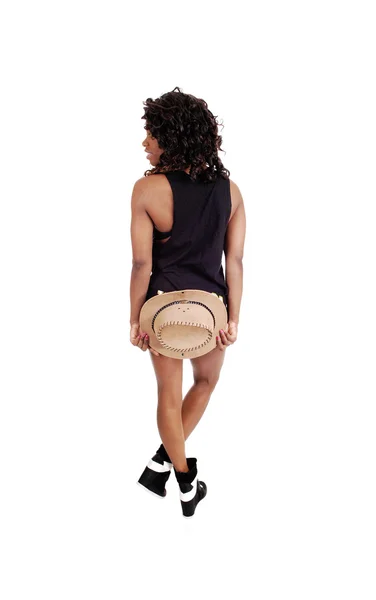 Meisje met hoed van rug. — Stockfoto