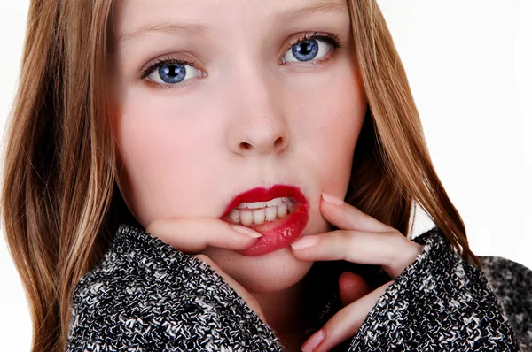 Girl with finger on lips. — Stock Photo, Image