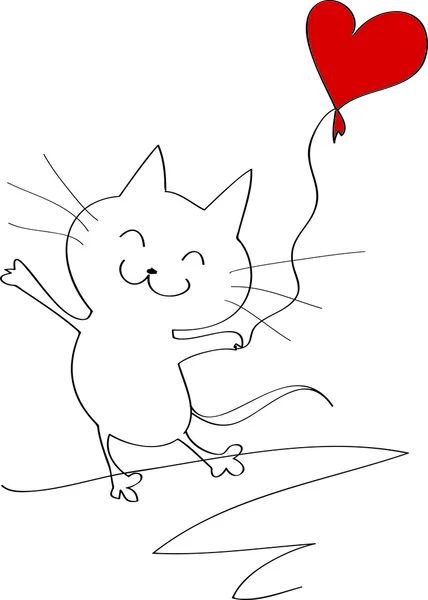 Felice gattino scarabocchio con palloncino cuore — Vettoriale Stock