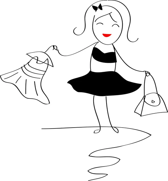 Feliz chica de compras con vestido en una percha — Vector de stock