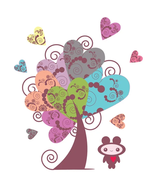 Cute little creature next to the tree of hearts — Stock Vector