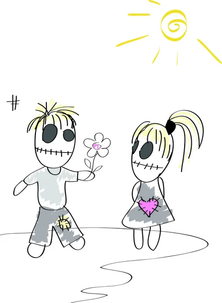 Bonito assustador menino dá menina um flor — Vetor de Stock