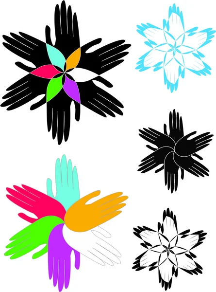 Logo astratto con le mani che formano un concetto di fiore, unità o connessione — Vettoriale Stock