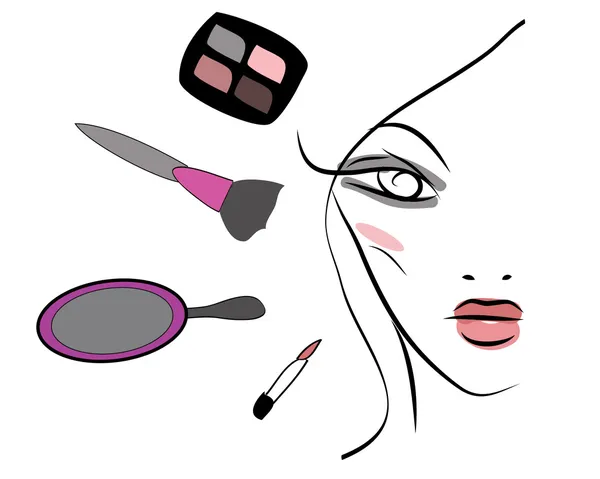 Beautiful woman with makeup tools — Stock Vector