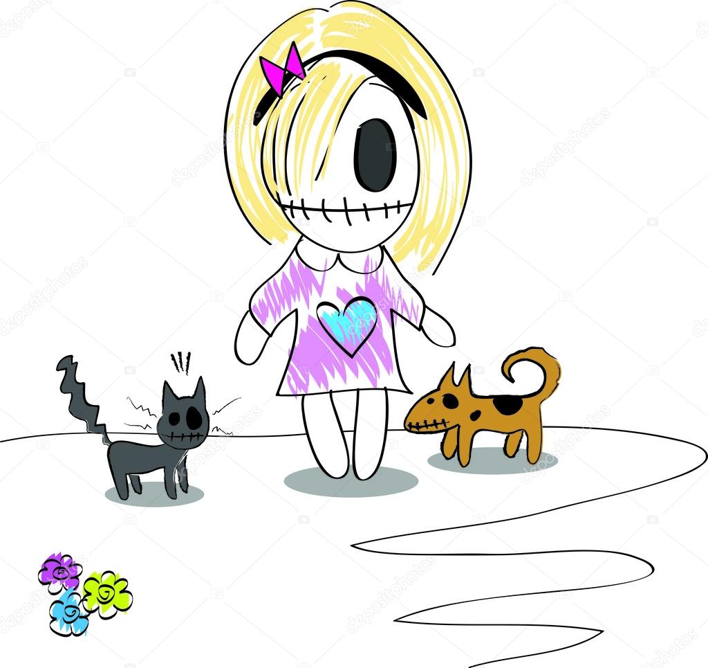 Cute sad girl with cat and dog