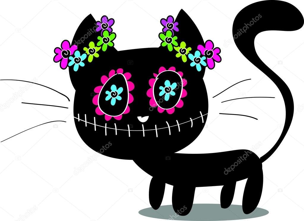 Cute black kitten decorated with flowers