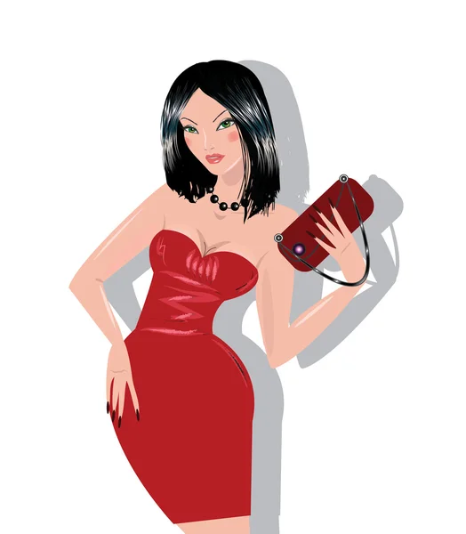Fashionable woman in red dress with purse — Stock Vector