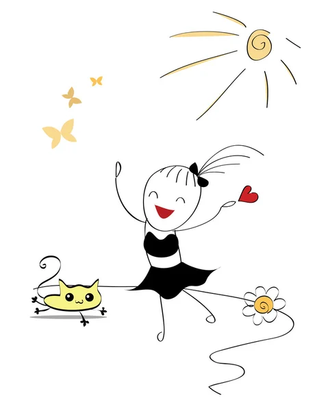 Carino felice doodle ragazza in amore e poco gattino all'aperto — Vettoriale Stock