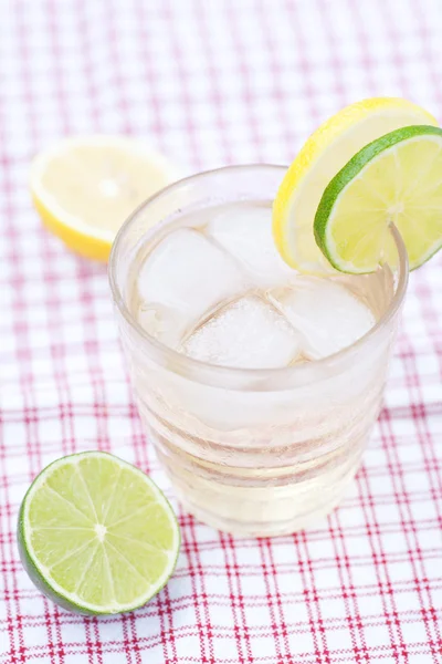 Eau avec citron et citron vert dans un verre avec glace — Photo