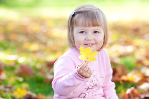 Portrait of a beautiful little girl holding a maple leaf in his — Stock Photo, Image